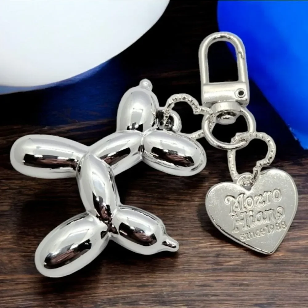 Silver Balloon Dog Keychain 3D Pop Art Bag Charm Heart Novelty Purse Accessory